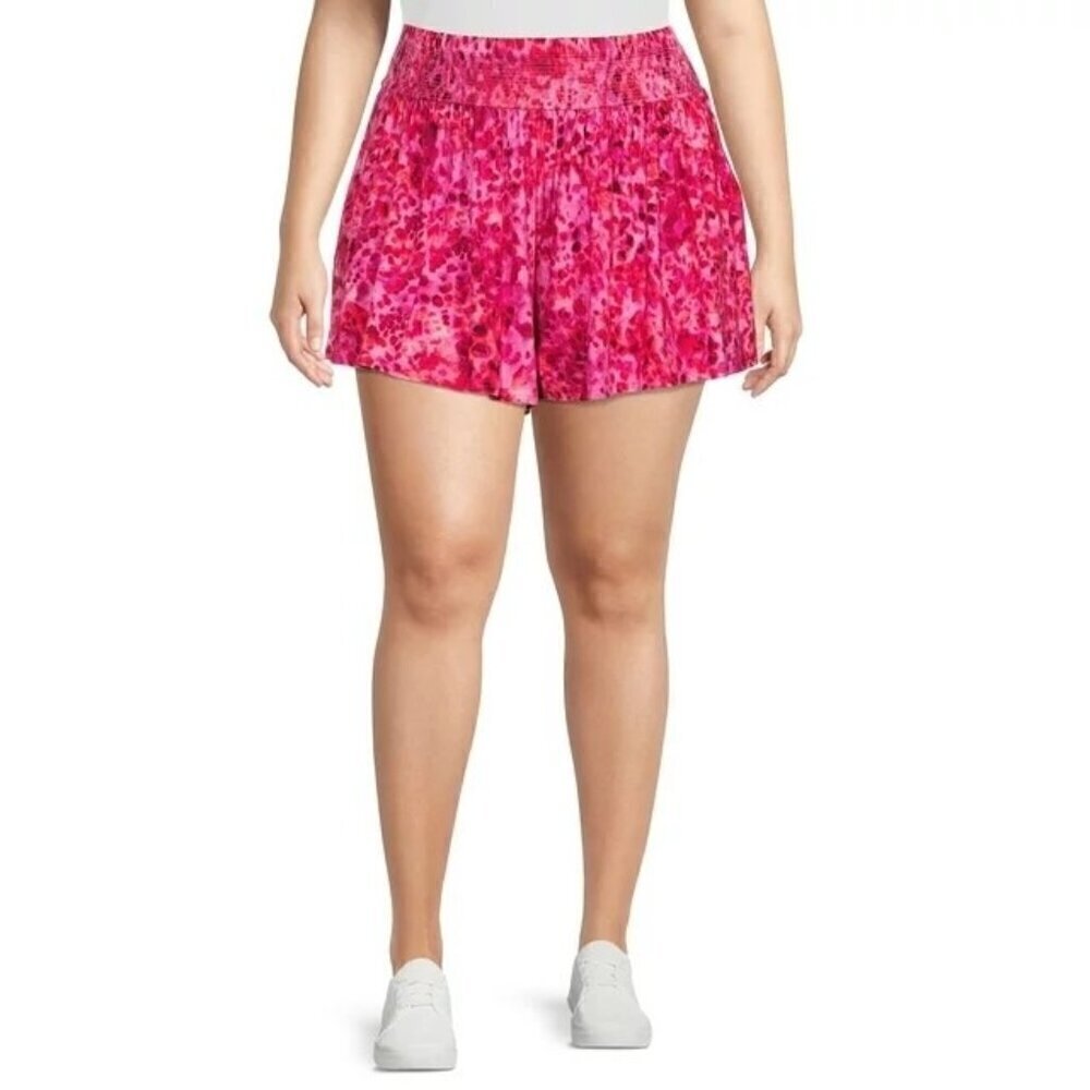 Terra & Sky Womens Shorts Plus Size 3X Pockets Smocked Waist Cheetah‎ Pink NEW